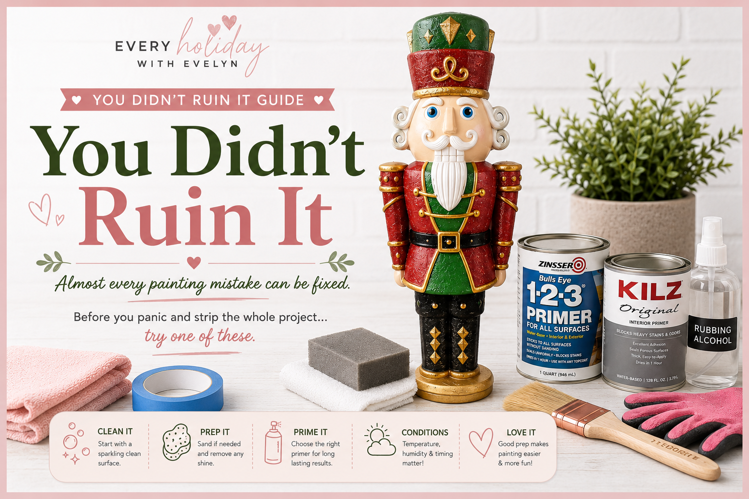 Painted Christmas nutcracker blow mold beside painting and repair supplies with the words You Didn’t Ruin It.