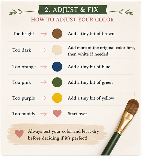Paint mixing adjustment chart showing how to correct colors that are too dark, bright, warm, cool, pink or orange.