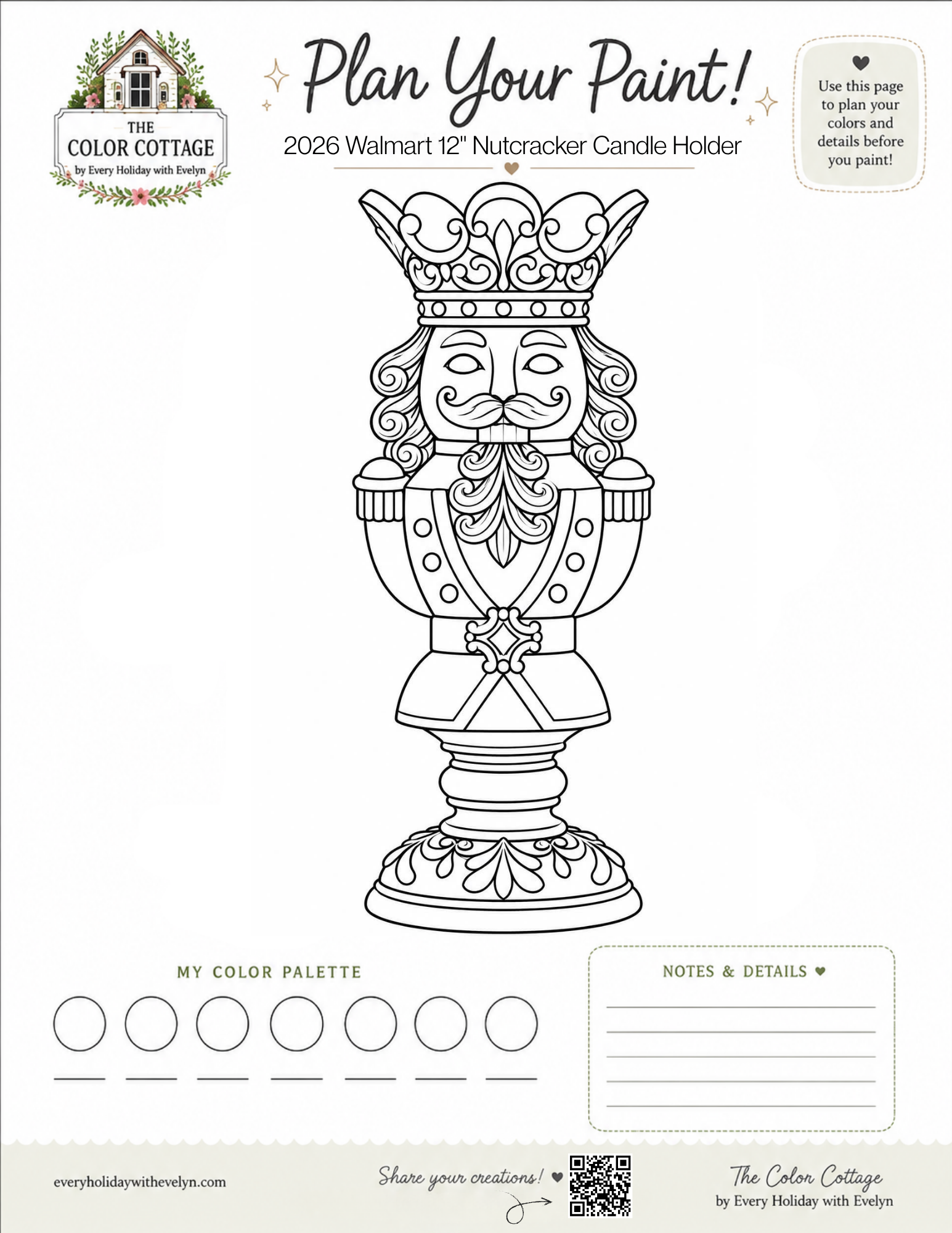 2026 Walmart 12" Nutcracker Candle Holder coloring and paint planning sheet