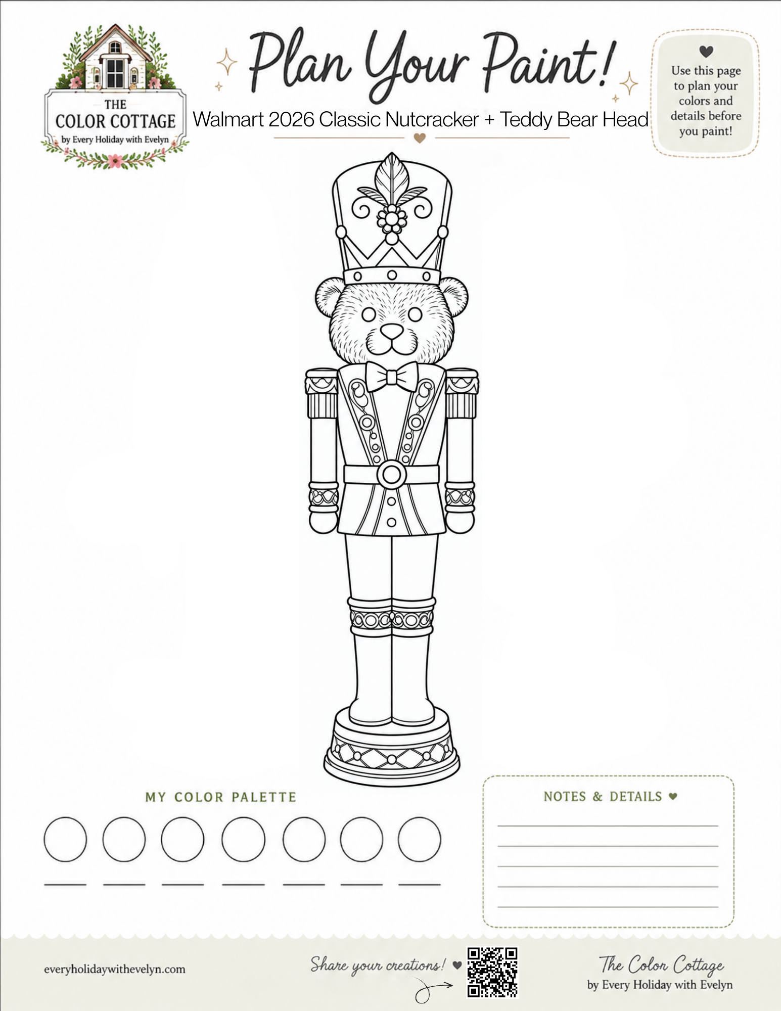 2026 Walmart Classic Nutcracker with Bear Head coloring and paint planning sheet