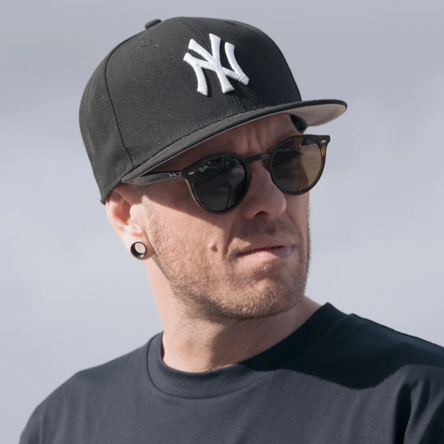 Close-up portrait of a person wearing a black cap, dark sunglasses and a black shirt.