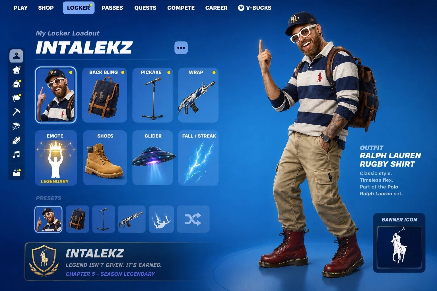 Intalekz character concept in a blue locker-style interface, with a striped-shirt character and accessory tiles.