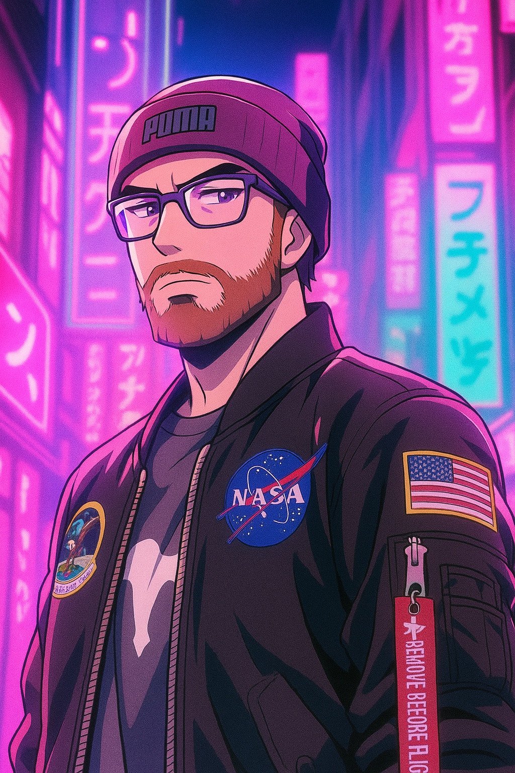 Illustrated figure in glasses, a pink knit cap and a dark jacket against a neon city background.