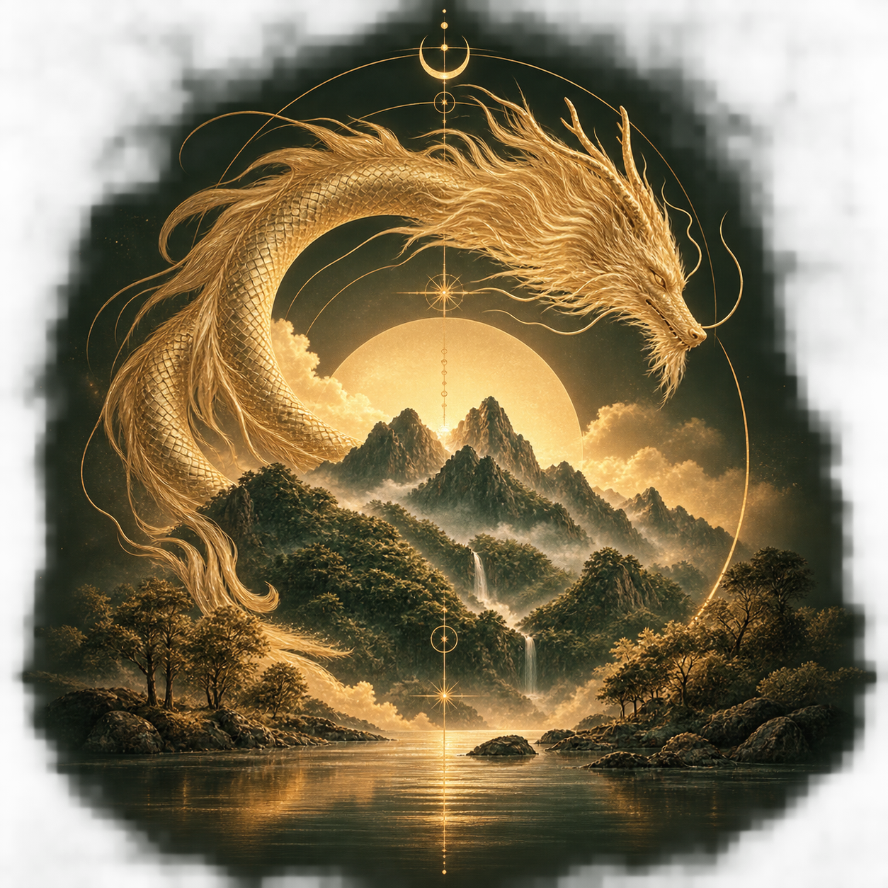 Golden dragon and mountain artwork