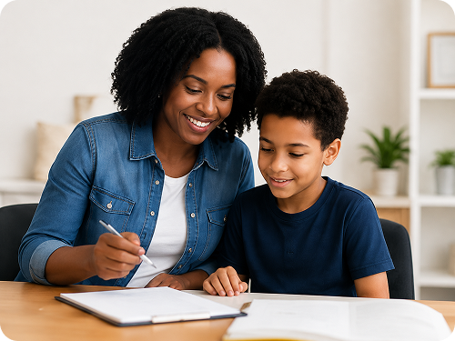 A parent helping her child with schoolwork