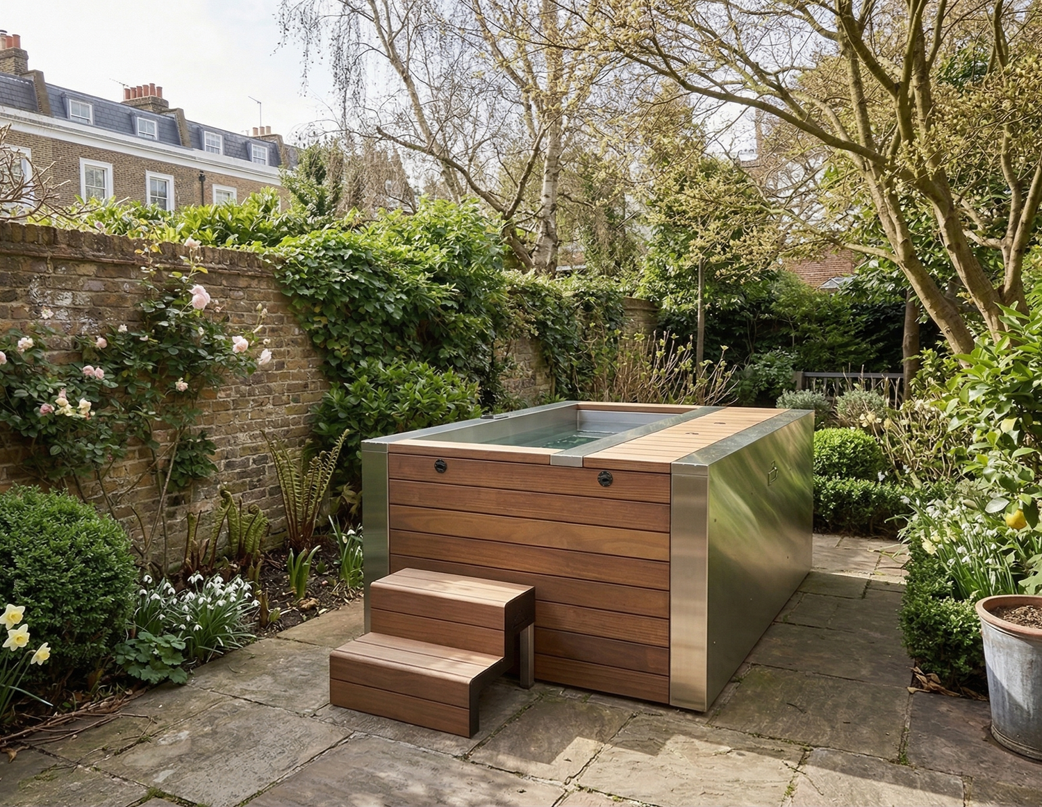 Tubmarine electric hot tub set in a planted garden.