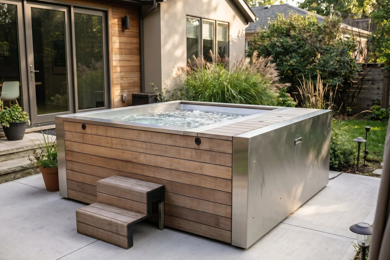 Electric hot tub with steps on a garden terrace