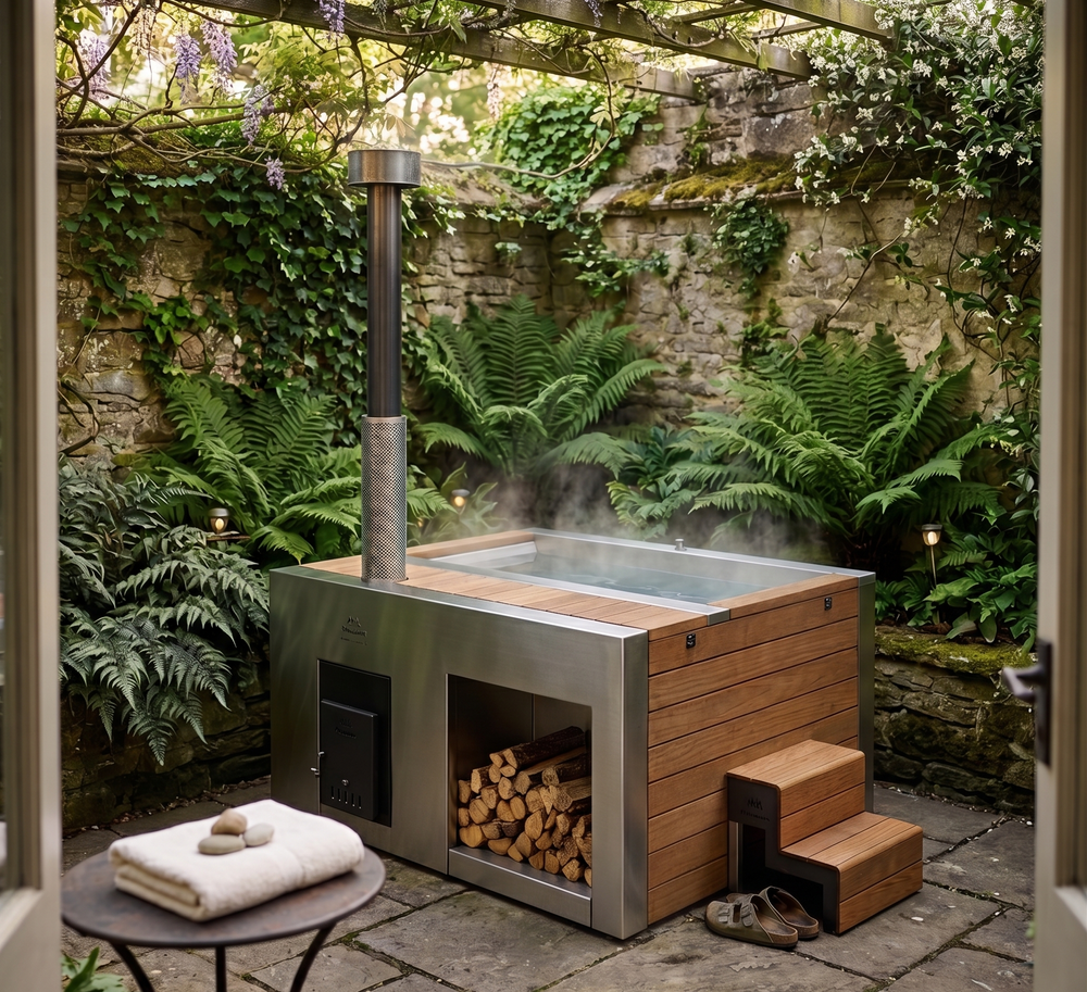 Wood-fired hot tub in a courtyard