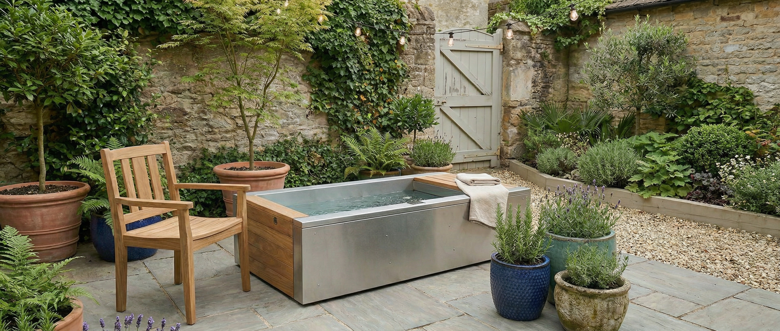Two-person soaking tub in stainless steel and Kebony