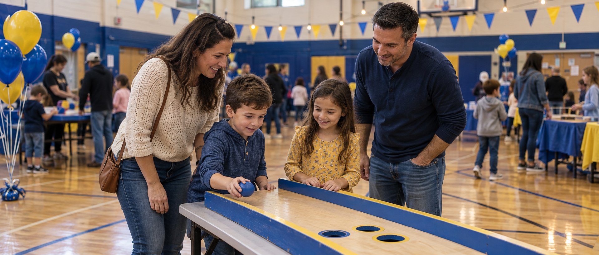 A family playing a carnival game together at a blue and yellow school event
