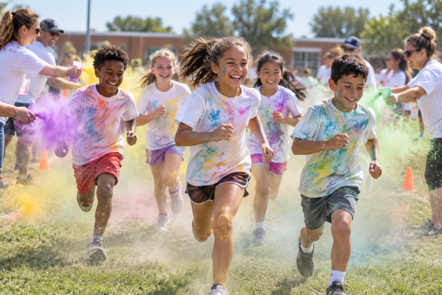 Bright blue, yellow, and pink color powder bursting across a light background