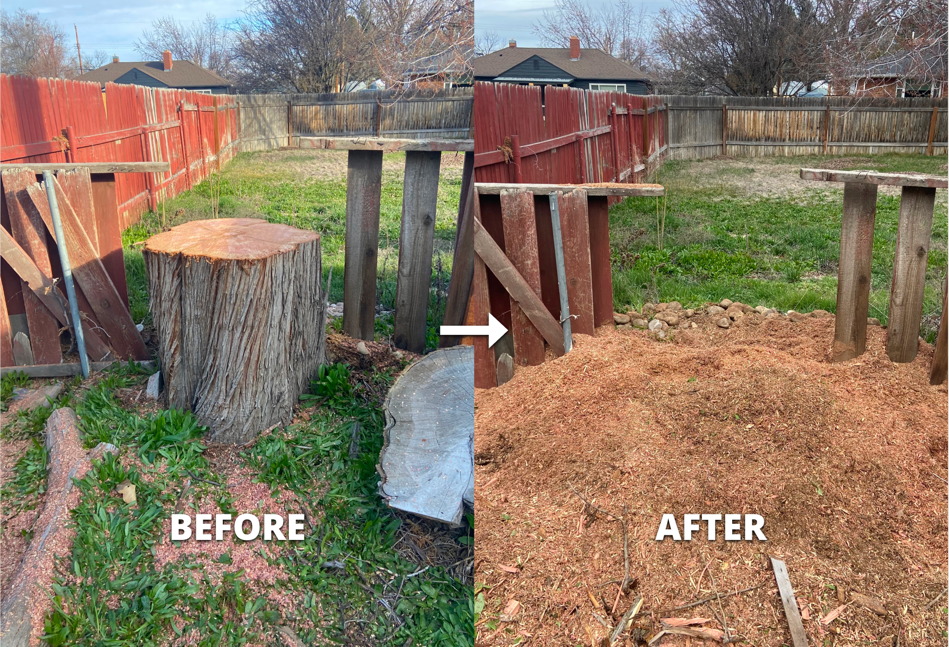 Before and after stump grinding in Treasure Valley, Idaho — job 3