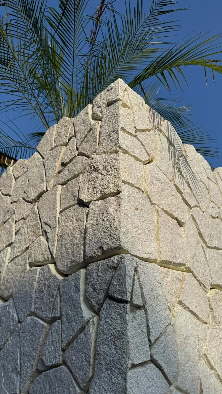 Muro revestido com pedra recortada e palmeira ao fundo