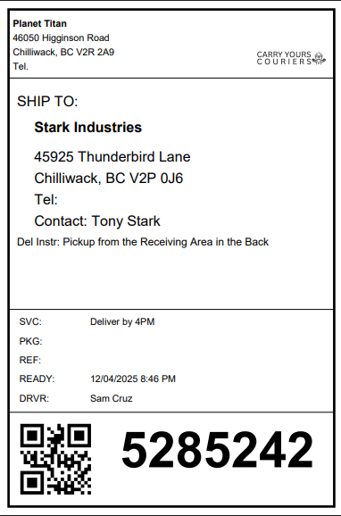 Carry Yours shipping label example screenshot