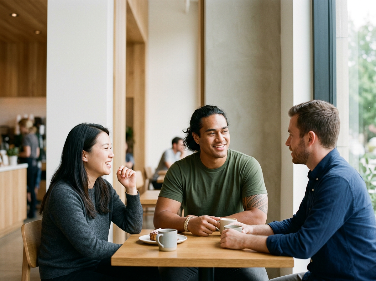 Colleagues talking over coffee