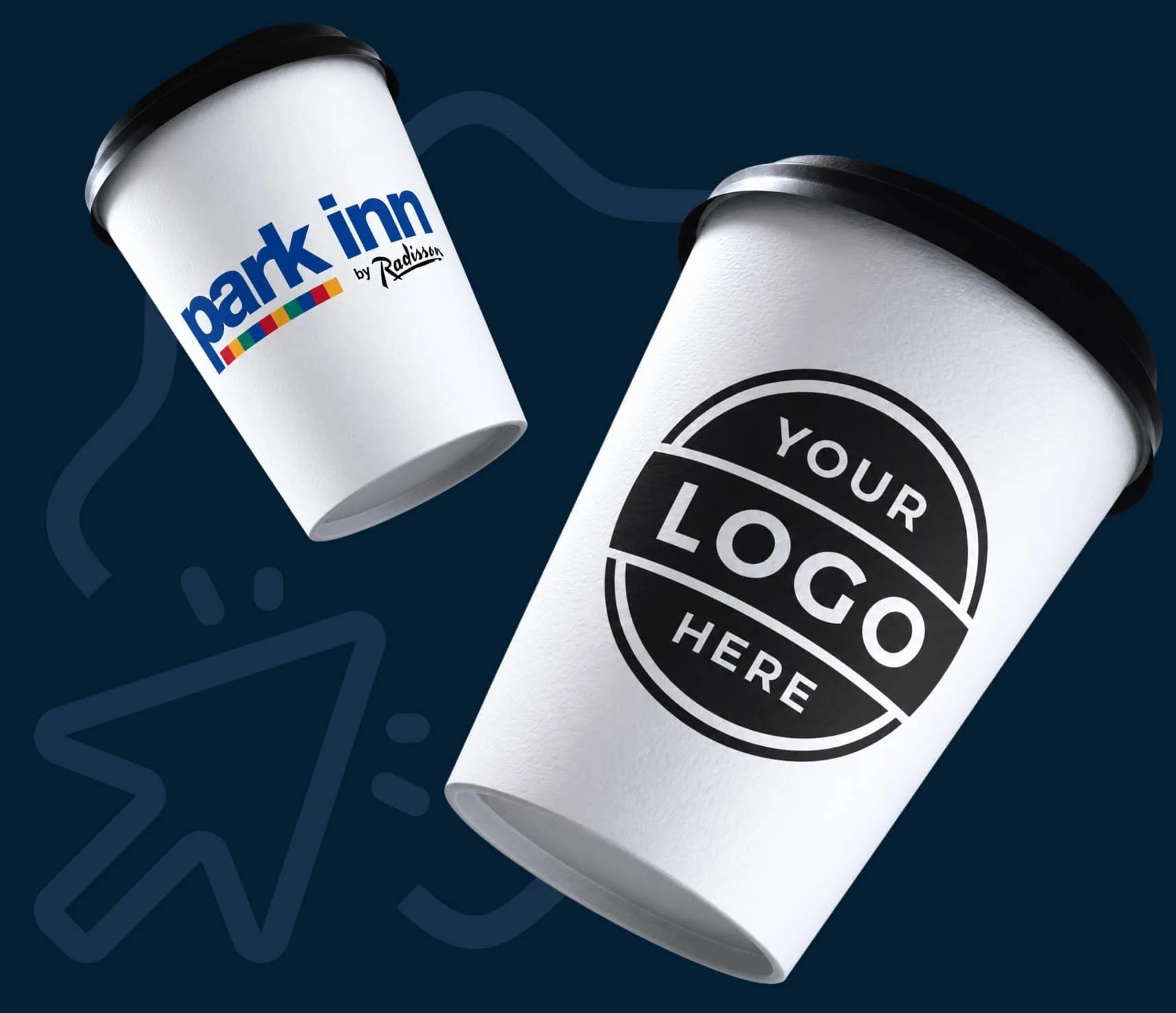 Two custom-branded paper cups with a logo preview