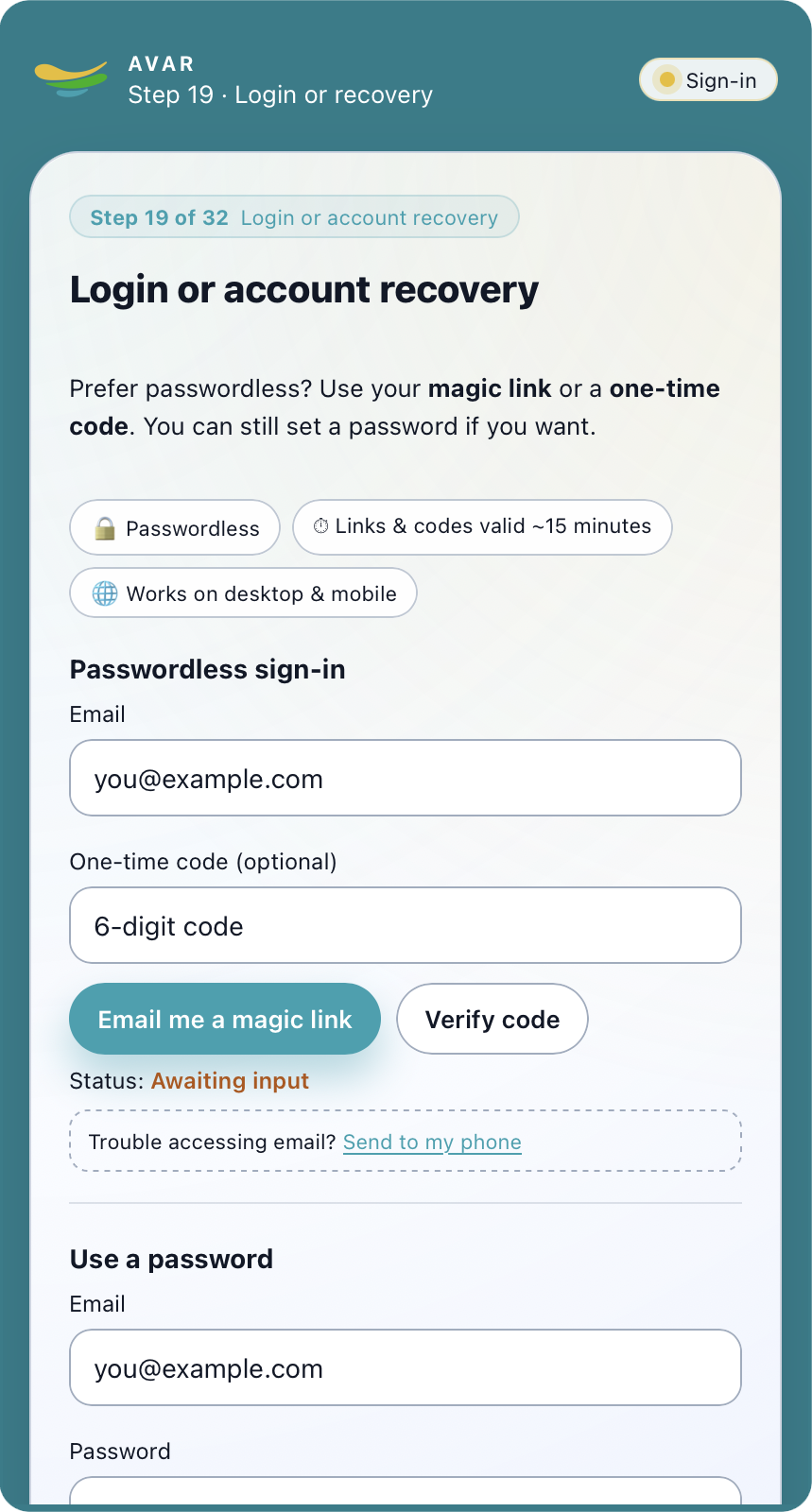 Step 19 – Login or recovery