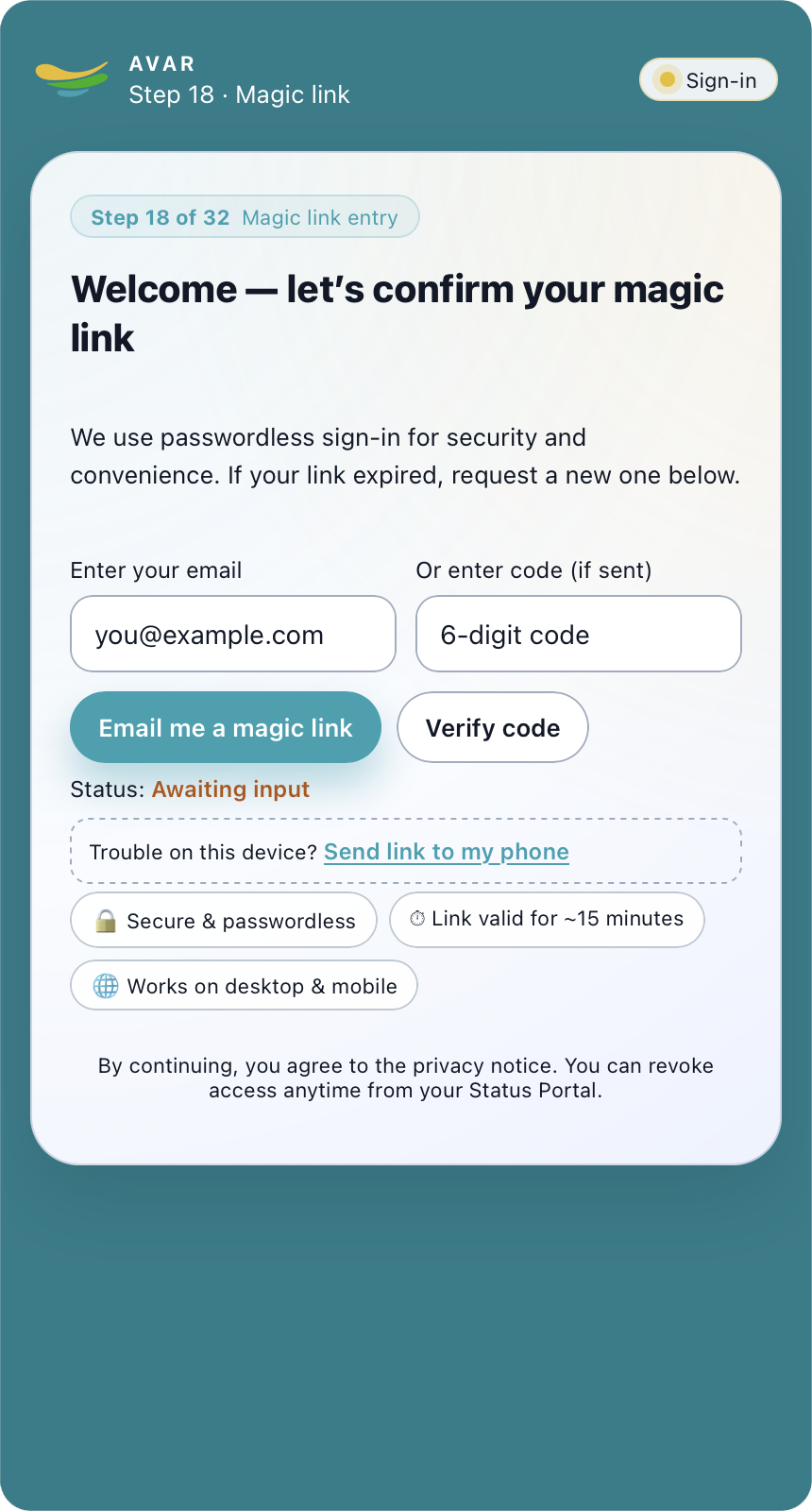 Step 18 – Magic link entry