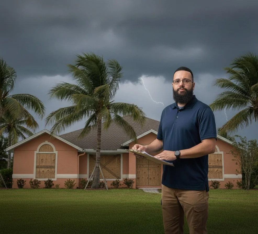 Home repair expert securing a home's exterior for a storm.