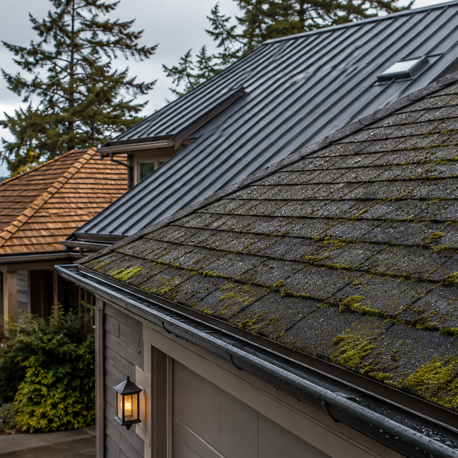 three coastal roofing samples asphalt metal cedar shake
