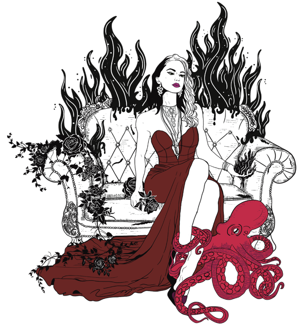 Burn the Couch illustration: a woman in a red gown on a burning couch with an octopus