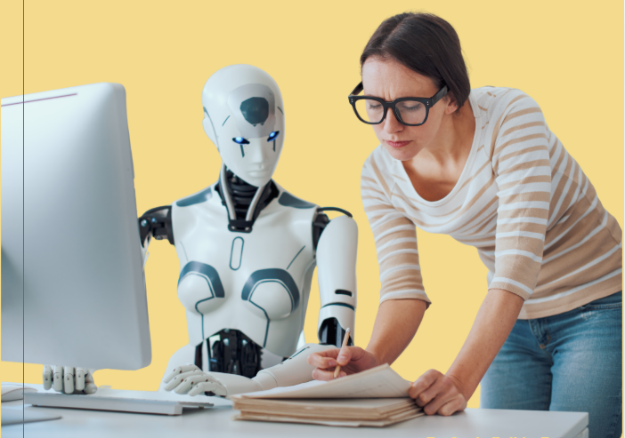 A therapist reviewing paperwork next to an AI robot at a computer