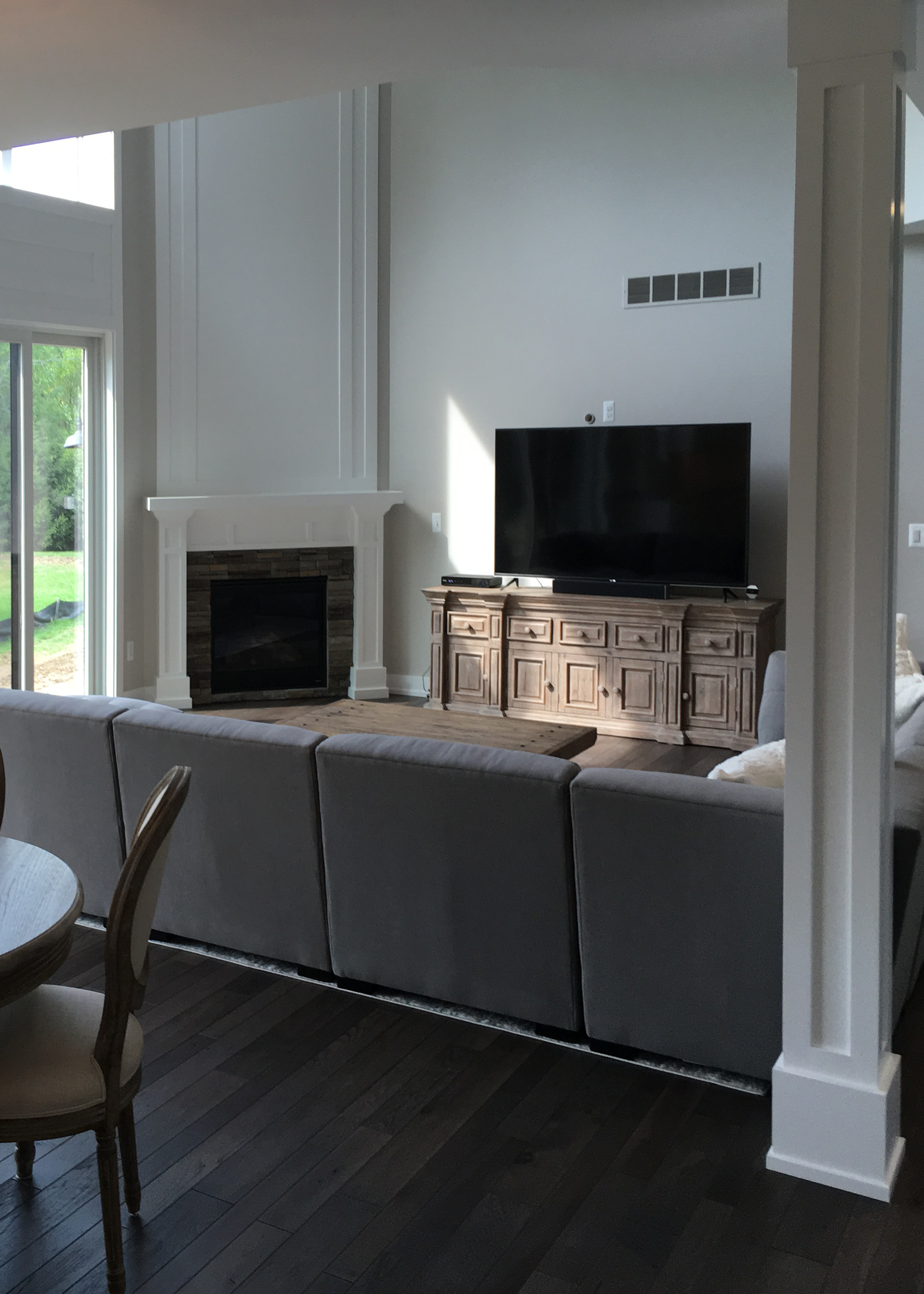 family room with corner fireplace