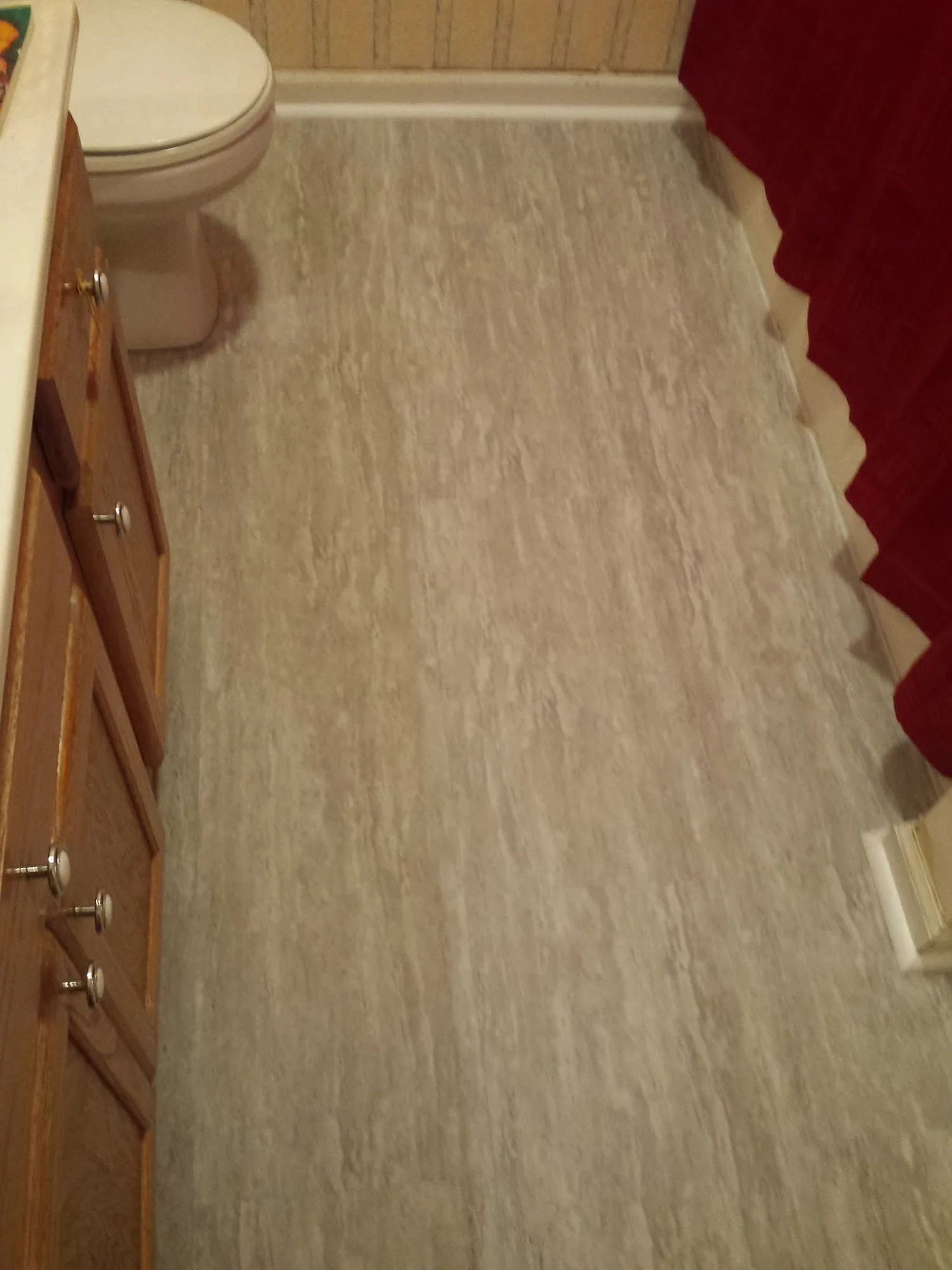 Gray plank flooring in a bathroom beside a toilet and vanity