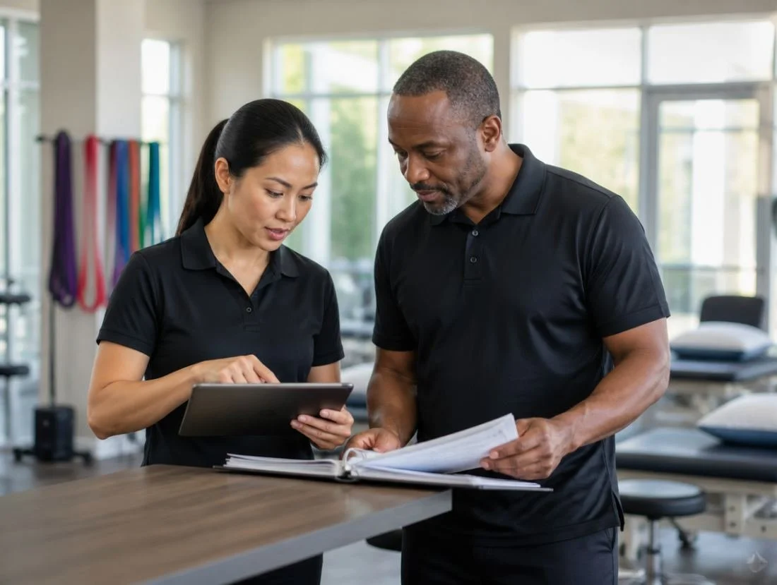 Two clinician-educators reviewing a curriculum on a tablet and binder