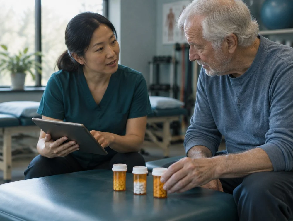 A physical therapist reviewing medications with a patient