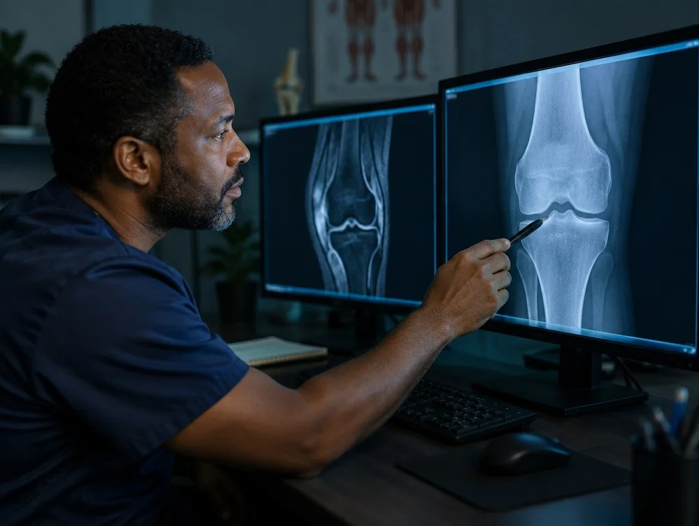 A physical therapist reviewing a knee radiograph