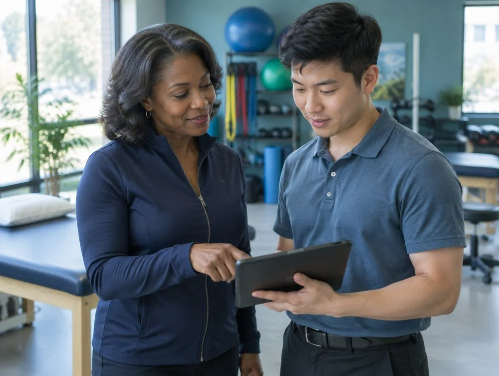 A clinic owner reviewing progress with a clinician