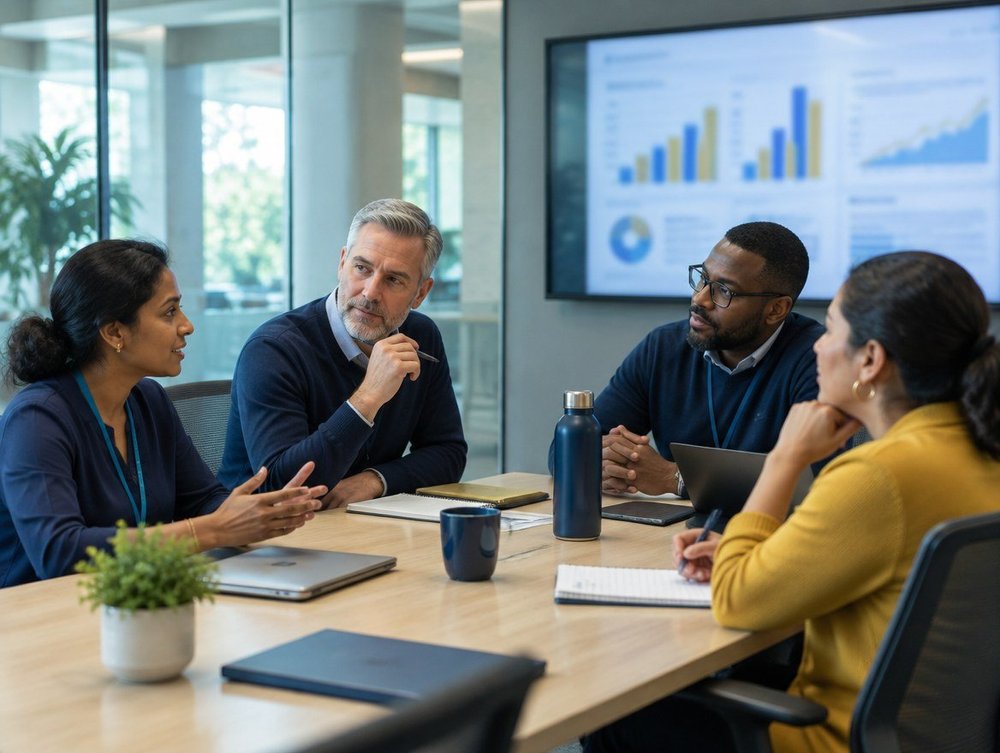 A leadership team reviewing a plan around a conference table