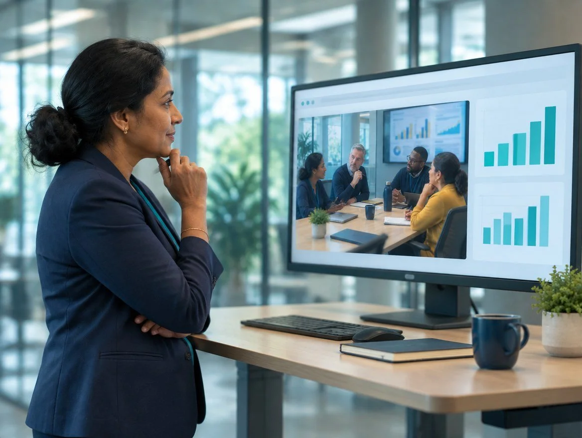 A clinic director reviewing organization-wide CE progress on a monitor