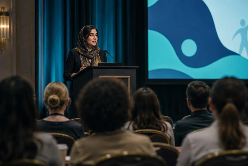 A speaker presenting to an audience of clinicians