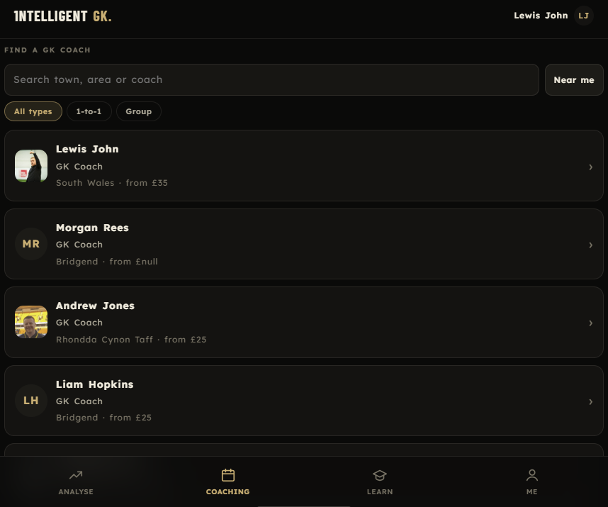 Find a GK coach in the 1GK app