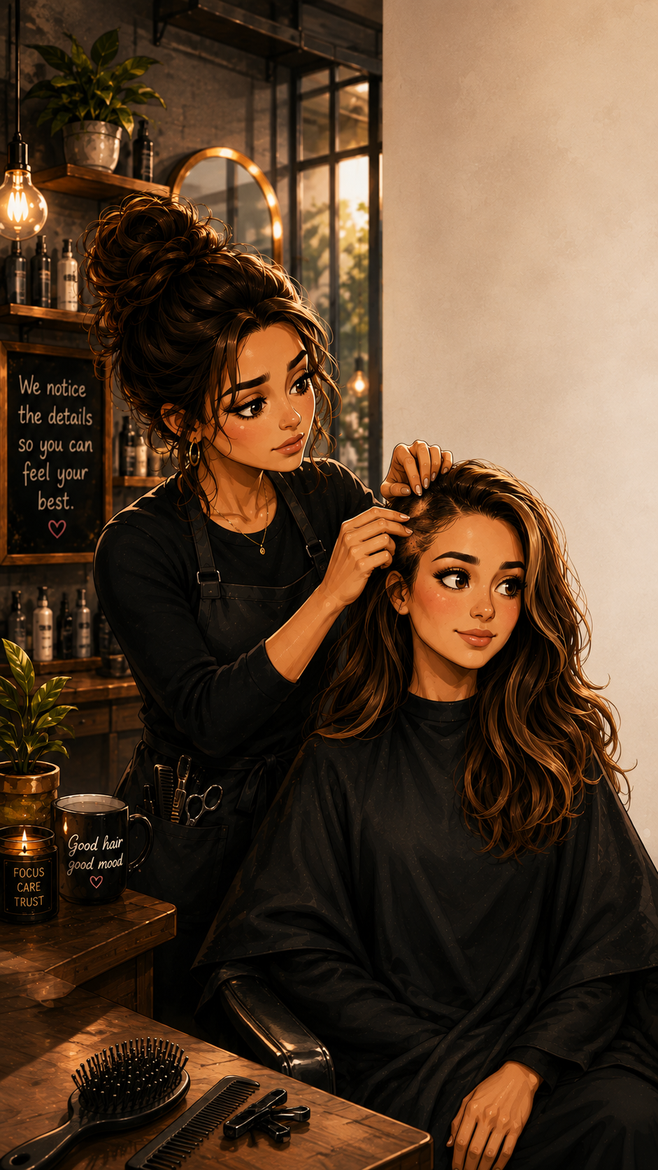 Hairstylist working attentively with a guest during a salon appointment