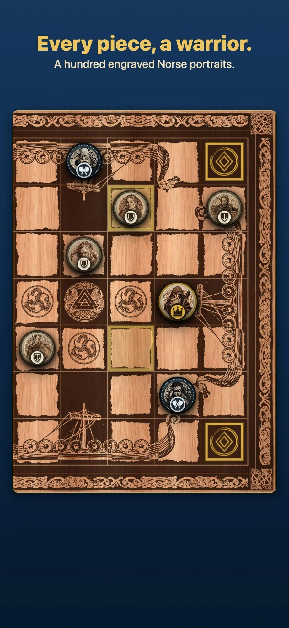 iPhone screenshot: Every piece, a warrior. A hundred engraved Norse portraits.