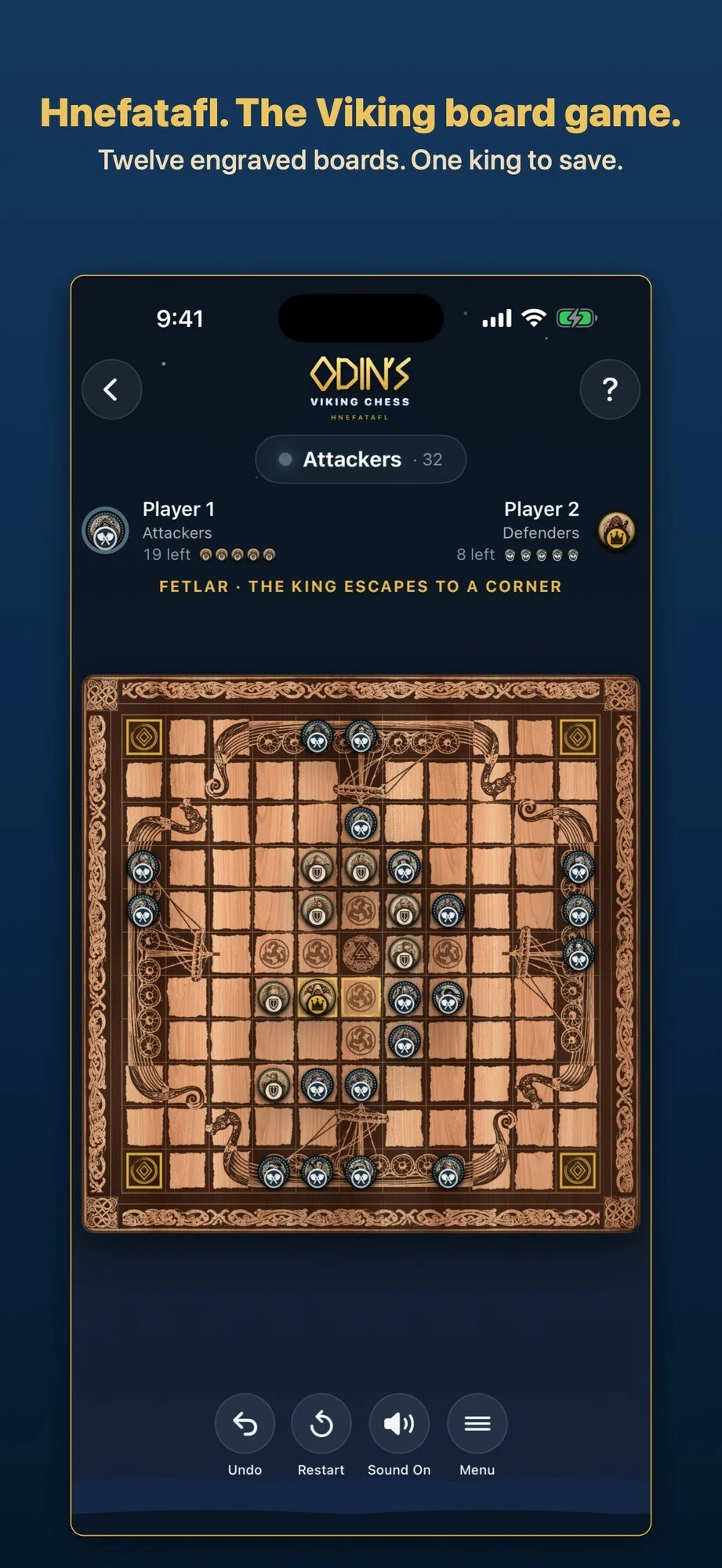 iPhone screenshot: Hnefatafl. The Viking board game. Twelve engraved boards. One king to save.