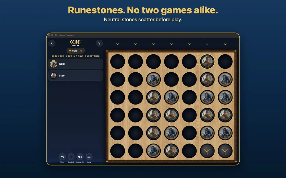 Mac screenshot: Runestones. No two games alike. Neutral stones scatter before play.