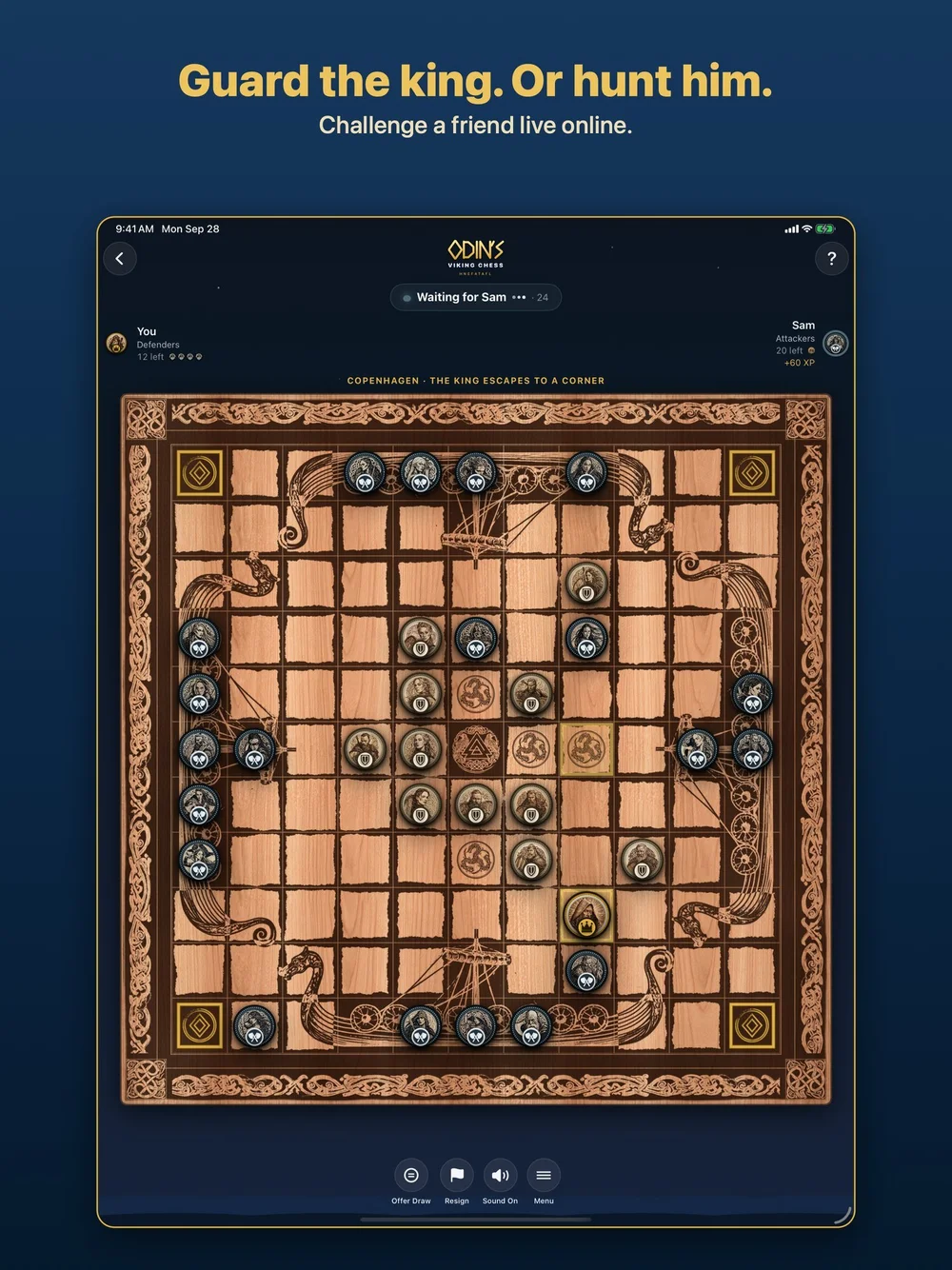 iPad screenshot: Guard the king. Or hunt him. Challenge a friend live online.