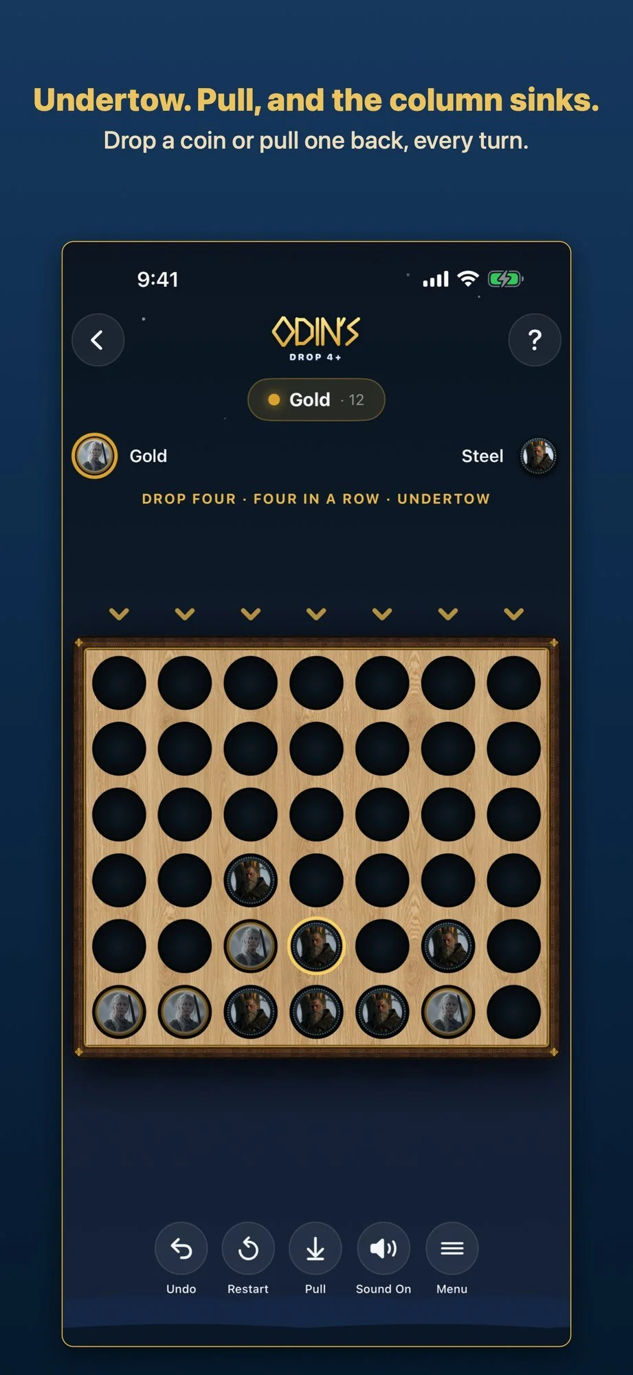 iPhone screenshot: Undertow. Pull, and the column sinks. Drop a coin or pull one back, every turn.
