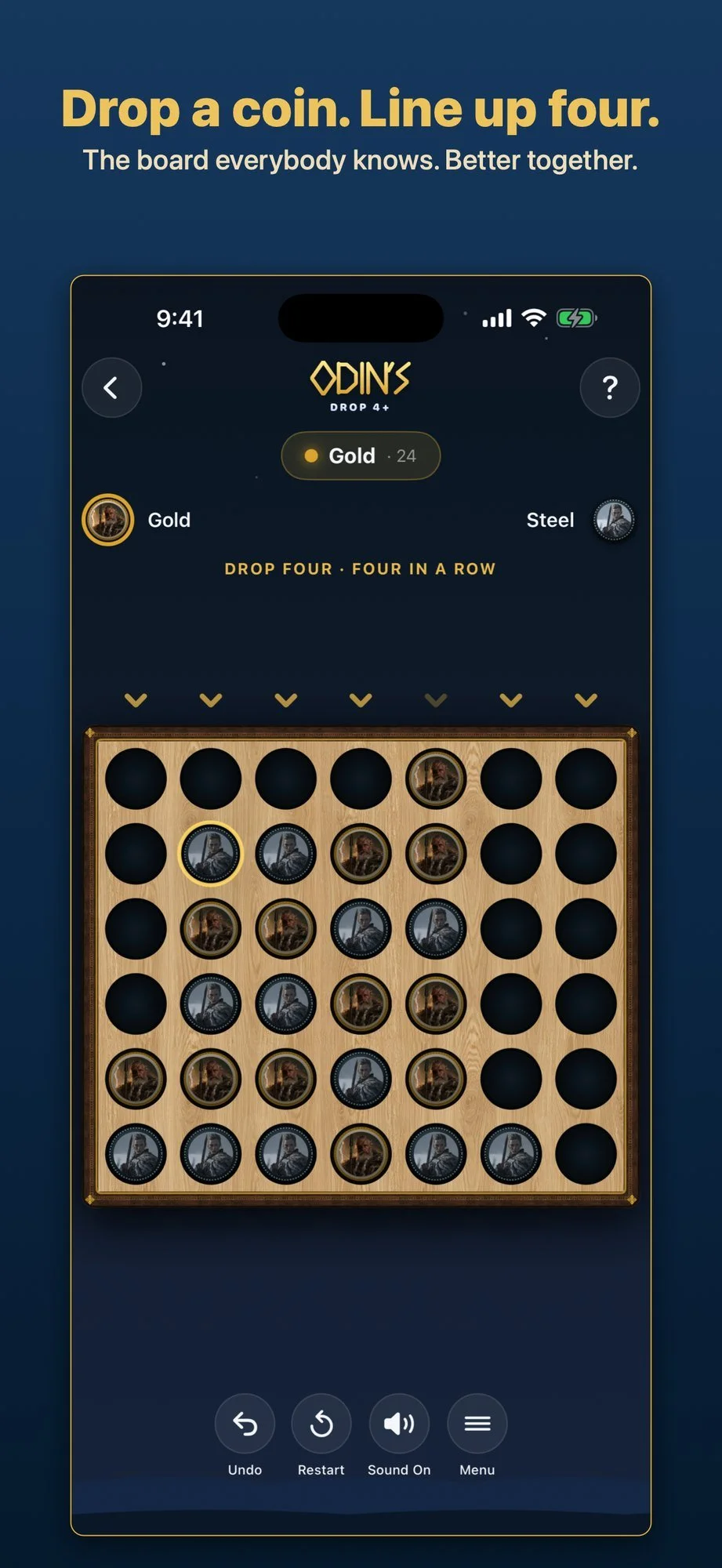 iPhone screenshot: Drop a coin. Line up four. The board everybody knows. Better together.
