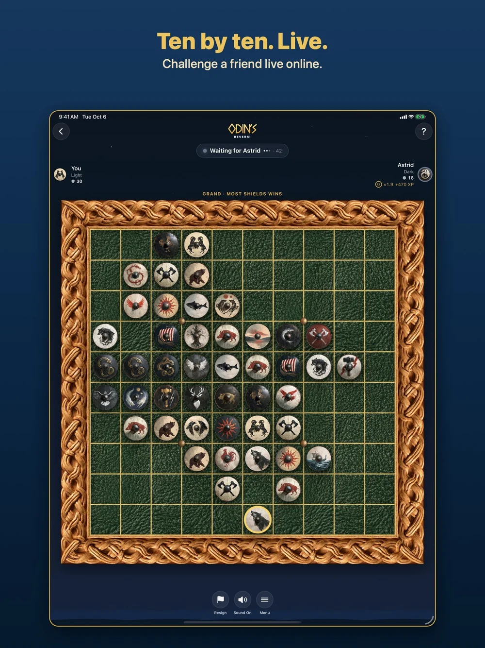 iPad screenshot: Ten by ten. Live. Challenge a friend live online.