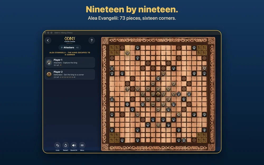 Mac screenshot: Nineteen by nineteen. Alea Evangelii: 73 pieces, sixteen corners.