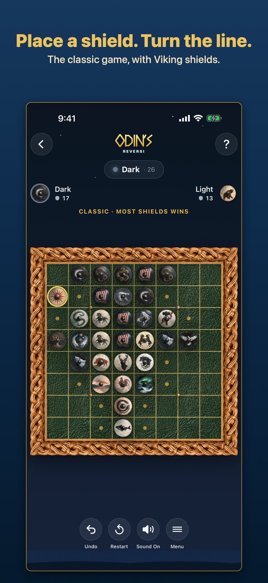 iPhone screenshot: Place a shield. Turn the line. The classic game, with Viking shields.