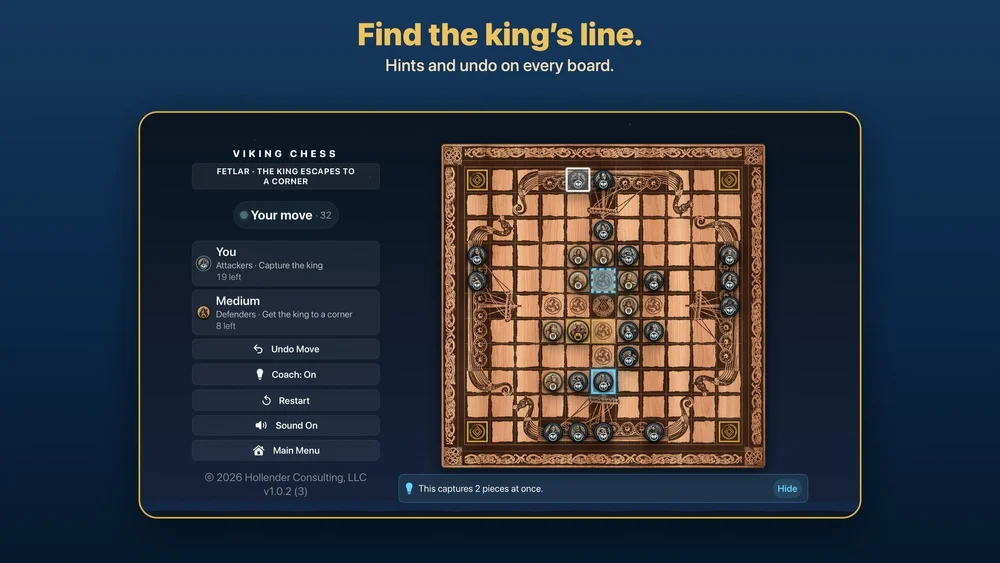 Apple TV screenshot: Find the king’s line. Hints and undo on every board.