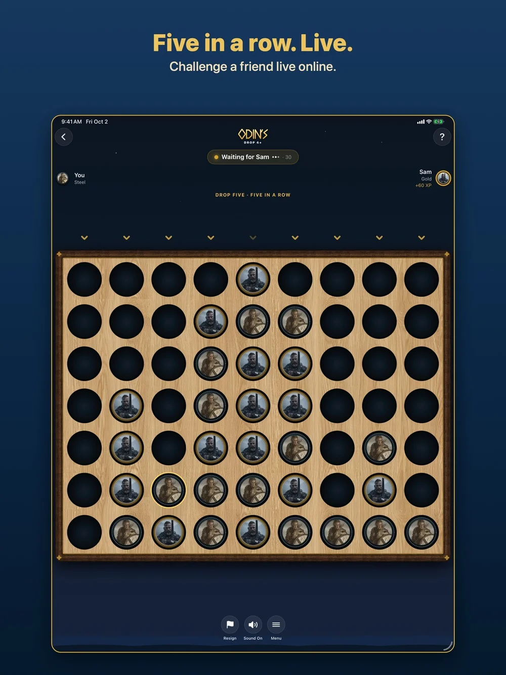 iPad screenshot: Five in a row. Live. Challenge a friend live online.