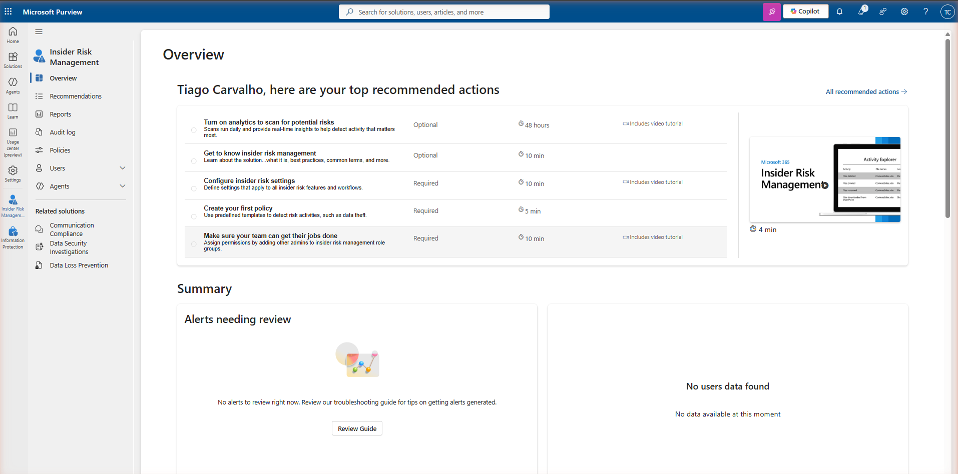Microsoft Purview — Insider Risk Management overview page showing active policies, recent alert counts by severity, and the navigation menu with Overview, Recommendations, Reports, Audit log, Policies, Users, and Agents.