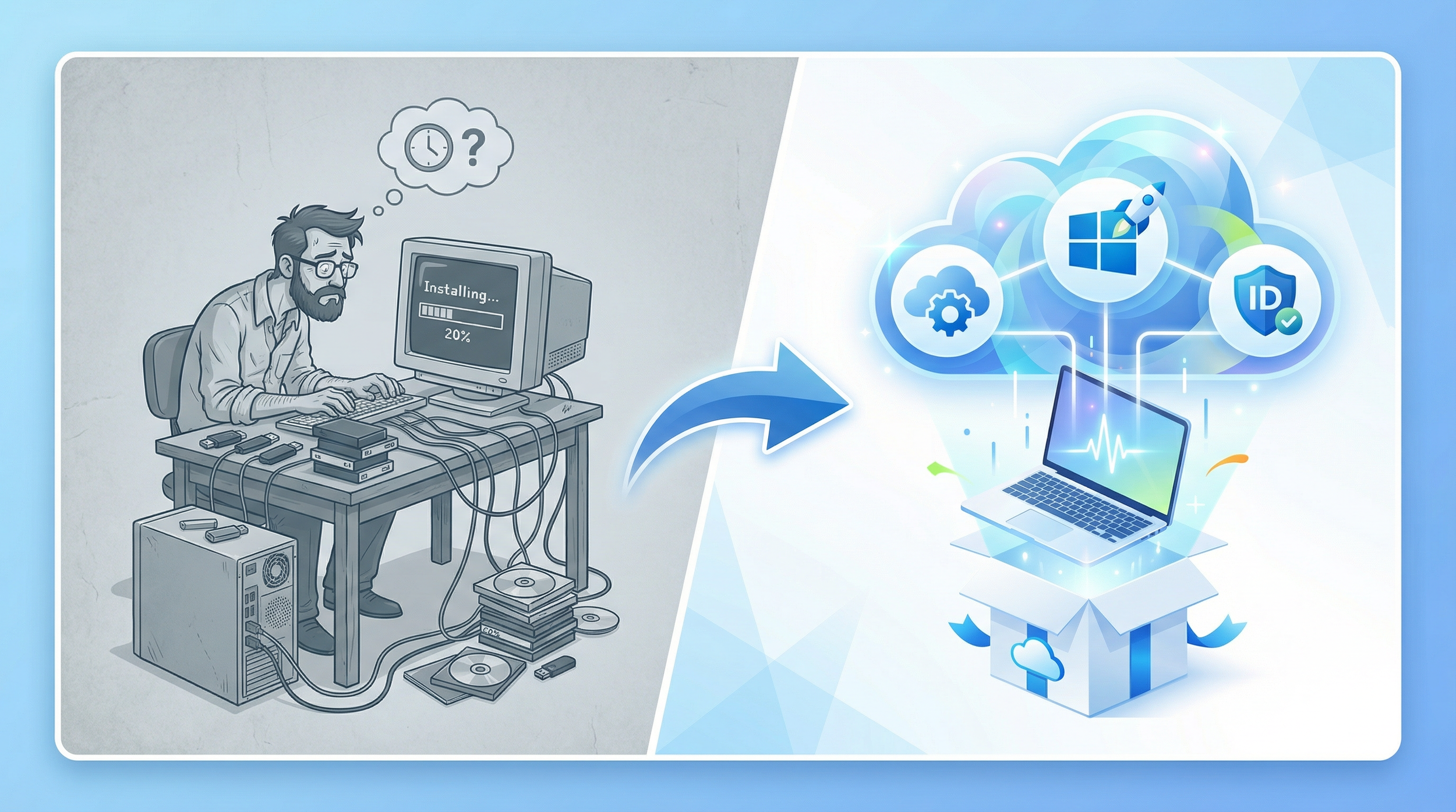 Comparison between legacy PC imaging with USB drives and cables versus modern cloud-based provisioning with Windows Autopilot, Intune, and Microsoft Entra ID